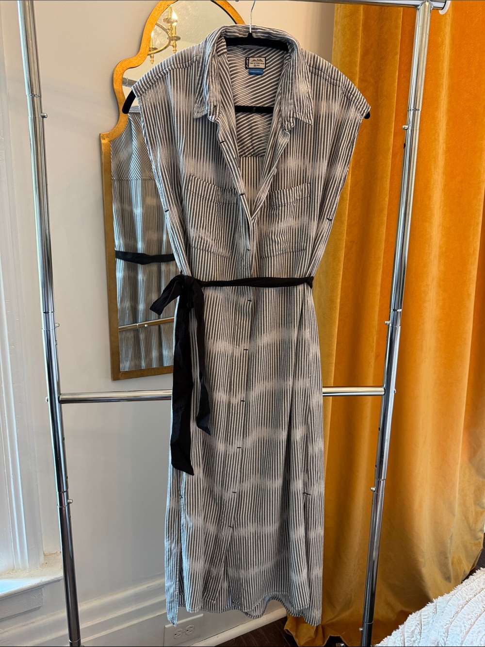 Kavu Black & White Striped Midi Shirt Dress with Black Waist Tie size Large